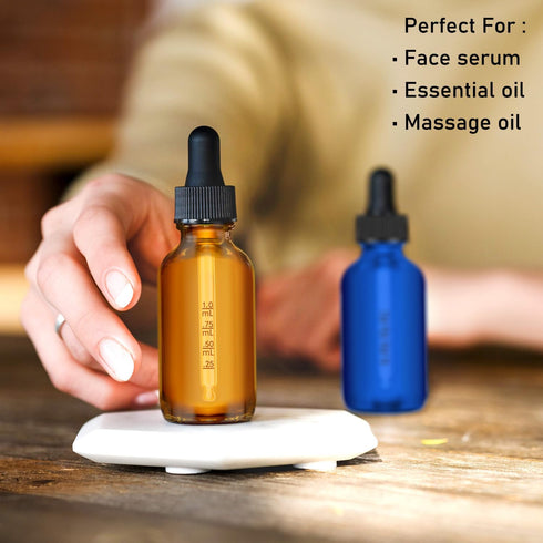 Glass Dropper Bottles, 2 oz Amber and Blue Dropper Bottle for Essential Oils Bottles with Funnel, Labels & Pipette, 2 pack Eye Tincture Bottle wit...