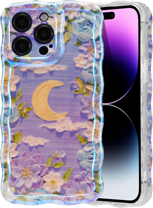EYZUTAK Case for iPhone 13 Pro Max, Colorful Retro Oil Painting Flower Moon Pattern Laser Cute Curly Wave Edge Exquisite Phone Cover Stylish Durab...