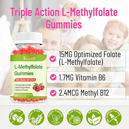Sugar Free L-Methylfolate 15mg Gummies with Methyl B12, Folate Supplement for Mood, Brain Health, Immune Support - Raspberry Flavor, 60 Count...
