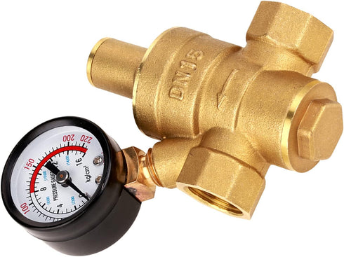 DN15 Brass Adjustable Water Pressure Regulator Reducer with Gauge Meter Combo for RV RV Plumbing and Hoses from High Pressure City Water...
