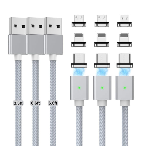 Magnetic Charging Cable 3A Fast Charging(3 Pack,3.3/6.6/6.6ft) 3 in 1 Magnetic Phone Charger with LED Light, Nylon Braided, for Lightning/USB-C/Mi...