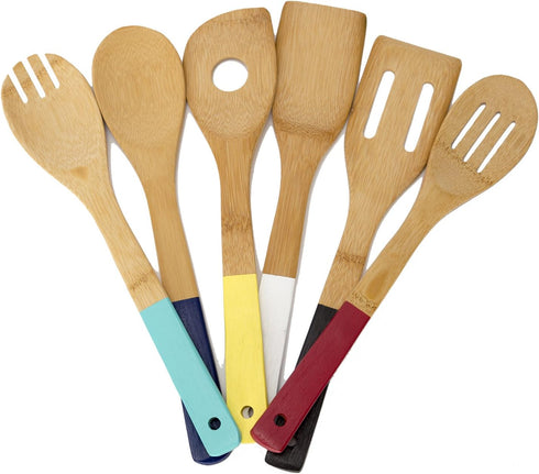 Home Basics Bamboo Cooking Utensils Set with Color Handles, 6-Piece, 2.5" x 12" x .25"...