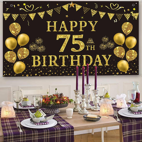 Trgowaul 75th Birthday Backdrop Gold and Black 5.9 X 3.6 Fts Happy Birthday Party Decorations Banner for Women Men Photography Supplies Background...