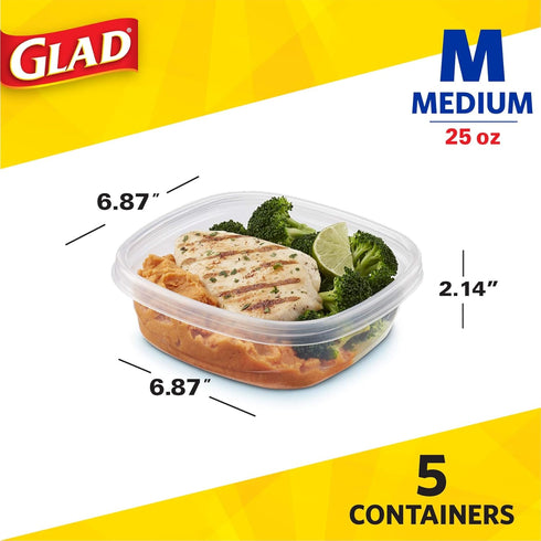 Glad Food Storage Containers for Everyday Use, Medium Square - Standard Meal Container Holds up to Twenty-Five Ounces, Blue, 25 oz - 5 Count...