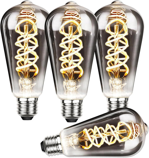 ST64 Vintage LED Edison Bulbs 60 Watt Equivalent, Dimmable 3000K Warm White Smoky Grey Glass E26 Base 6W LED Filament Flexible Spiral Light Bulbs,...