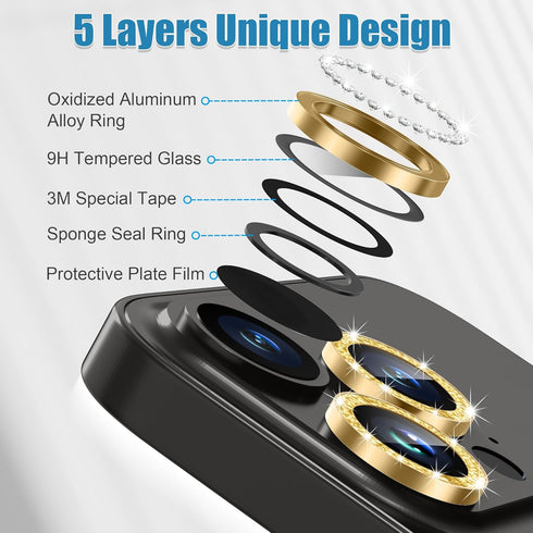 AGVEE 3+3 Camera Lens Protector for iPhone 15 Pro 6.1" / 15 Pro Max 6.7", Bling Diamond & Bling Glitter Metal Ring 9H Tempered HD Glass Camera Pro...