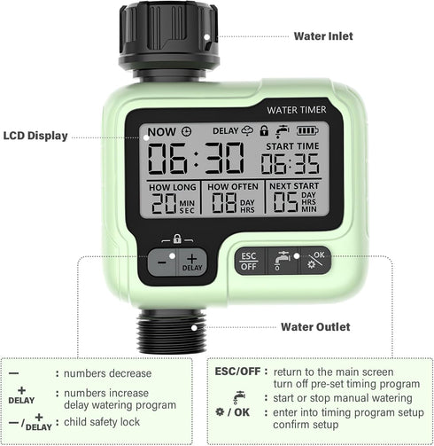SOYUS Sprinkler Timer, Programmable Water Timer Outdoor Garden Hose Timer with Rain Delay/Manual/Automatic Watering System, Waterproof Digital Irr...
