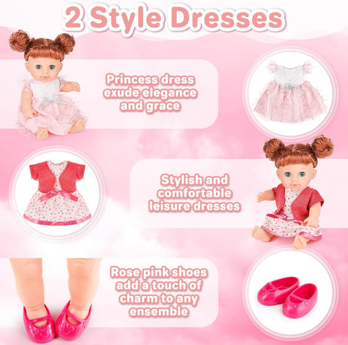 deAO 11 Inch Girl Doll with Hair and Accessories Baby Girl Dolls Toy Set Fashion Doll with Long Fine Hair and Dresses, Shoes, Comb & Hair Dryer Ba...