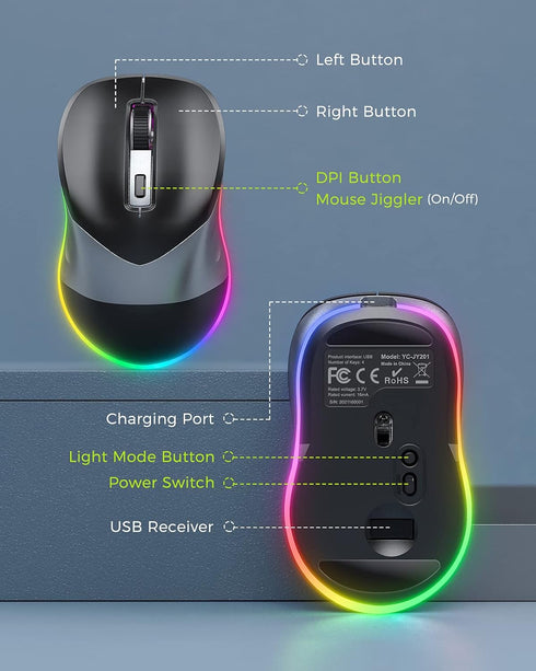 PEIOUS Wireless Mouse, Jiggler Mouse for Laptop - LED Mouse Rechargeable Computer Mice Mouse Mover Undetectable Random Movement with On/Off Button...
