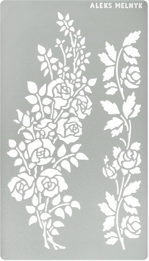 Aleks Melnyk No.269 Metal Stencil, Rose Flower Branch, Rose Vine, Swirls, Leaf Blossom, Small Stencil, 1 PC, Template for Wood Burning, Engraving,...