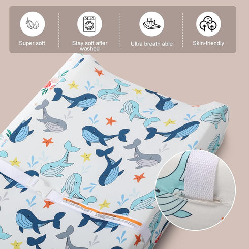 Changing Table Pad Cover Elastic Changing Pad Cover Premium Baby Changing Pad Cover 2 Pack for Boys Girls Unisex Soft Comfortable Safety (Whale & ...