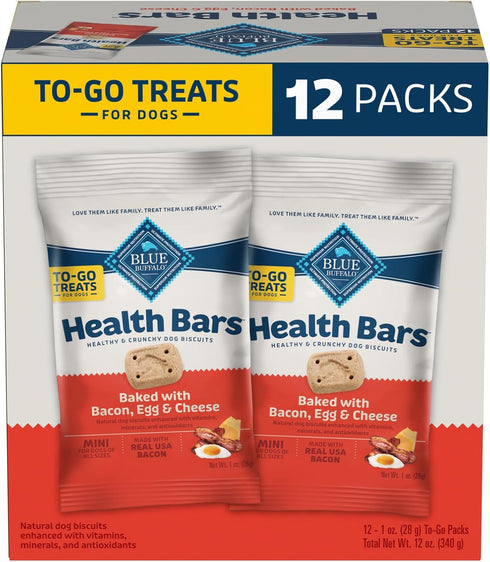 Blue Buffalo Health Bars Natural Crunchy Dog Treats TO-GO, Mini Biscuits, Bacon, Egg & Cheese 1-oz Bags (Pack of 12)...