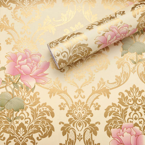 Self-Adhesive Shelf Liners Paper, Removable Self Adhesive Shelf Liner Dresser Drawer Wall Stickers Home Decoration, Gold Pink Flower 17.8 x 118 In...