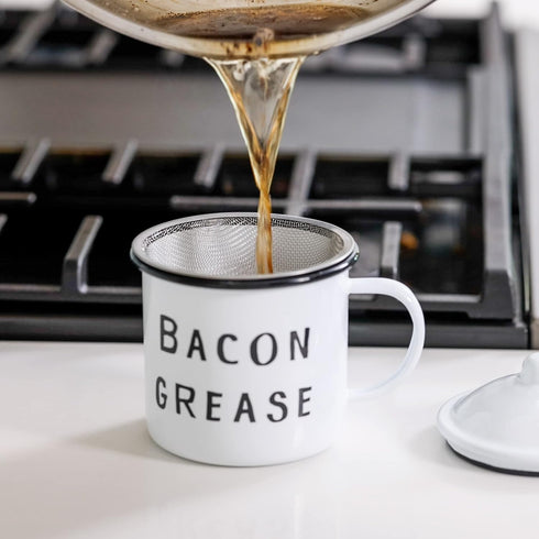 Golden Hills Mercantile Bacon Grease Saver with strainer - rustic mid-century modern farmhouse design, white enamel on metal, 4 inch x 4 inch vint...