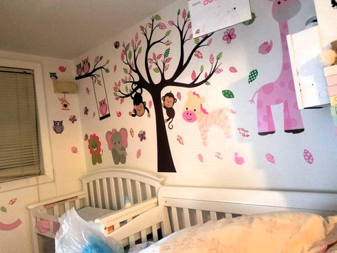 DEKOSH Pink Jungle Baby Nursery Wall Decal Peel & Stick Colorful Owl Giraffe Lion Animal Wall Stickers for Kids Room...