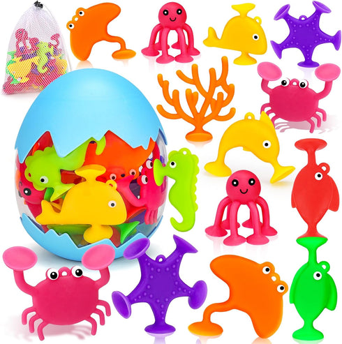 Toddler Suction Bath Toys: 18PCS Ocean Silicone Suction Cup Toys with Eggshell & Bag No Hole Mold Free Bathtub Shower Toys for Kids Ages 1-3 4-8 S...
