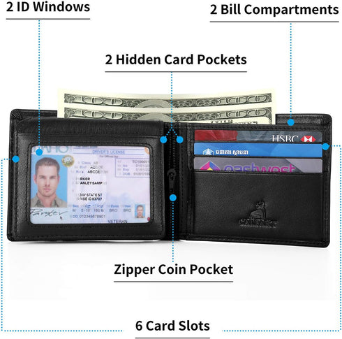 RFID Slim Front Pocket Wallets For Men - Genuine Leather Credit Card Mens Bifold Wallet With 2 ID Windows Zipper Coin Stylish Passcase...