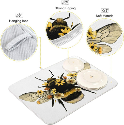 Bee Flower Cute Dish Drying Mat Countertop Protector Kitchen Decor 16" × 18"...