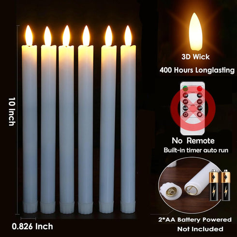 Flameless Taper Candles with Timer,10 Inch LED White Candlesticks Flickering,Battery Operated 3D Flame Wick Window Candles,Plastic Fake Stick Cand...
