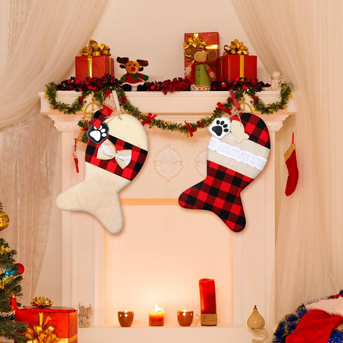 Skylety 2 Pieces Pet Christmas Stockings Buffalo Plaid Burlap 15 Inch Large Fish Shaped Bow Cat Christmas Stockings for Xmas Tree Home Holiday Par...