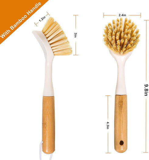2 Pack Kitchen Dish Brushes with Bamboo Handle, Dish Scrubber Built-in Scraper, Scrub Brush for Pans, Pots, Counter & Kitchen Sink Cleaning, Dishw...