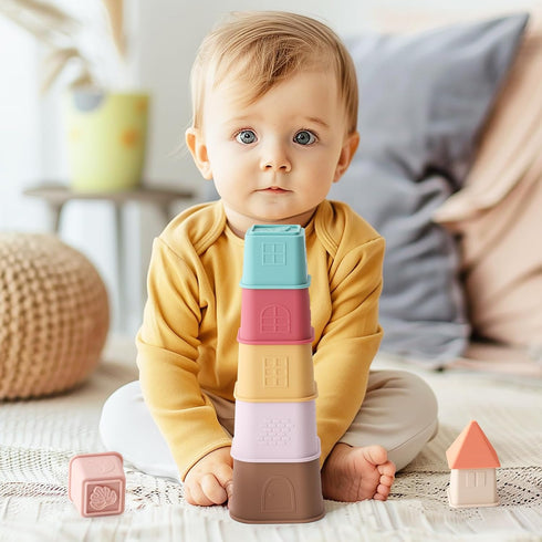 Baby Stacking Cups Toy, Silicone Stacking Tower, Silicone Soft Teething Toy Educational Baby Toys, Baby Building Toys Blocks, 6 Months+, 8 Pcs Set...