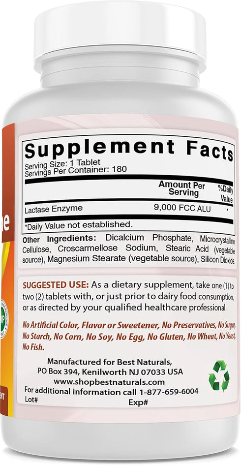Best Naturals Lactose Intolerance Relief Tablets with Natural Lactase Enzyme, Fast Acting High Potency Lactase, 9000 FCC ALU, 180 Count...
