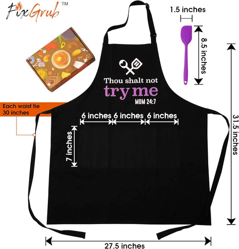 Cooking Apron for Mom with Spatula and Gift Box, Funny Kitchen Apron with 3 Pockets, Mom Gift, Cute Apron, Mother's Day Gift (Thou Shalt Not Try M...