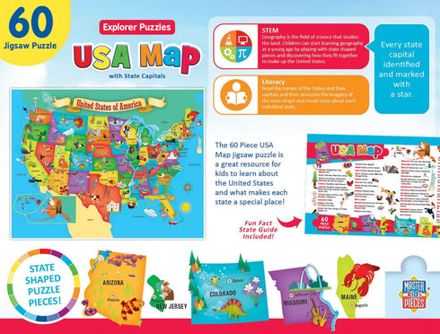 MasterPieces 60 Piece Educational Jigsaw Puzzle for Kids - USA Map State Shaped - 16.5"x12.75"...