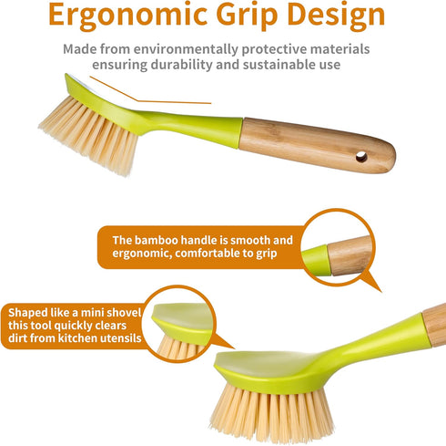 2 Pack Kitchen Dish Brush Bamboo Handle Dish Scrubber Built-in Scraper, Scrub Brush for Pans, Pots, Kitchen Sink Cleaning, Dishwashing and Cleanin...