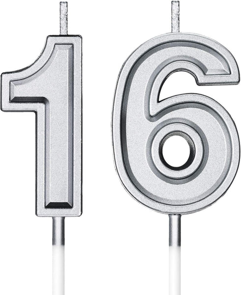 16th Birthday Candles Cake Numeral Candles Happy Birthday Cake Candles Topper Decoration for Wedding Anniversary Celebration Supplies(Silver)...