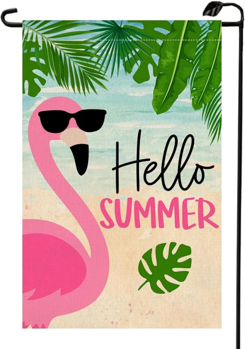 Hello Summer Flamingo Garden Flag 12x18 Inch Double Sided Tropical Leaves Beach Holiday Lake House Decor Outside Decorations For Yard XJ53...