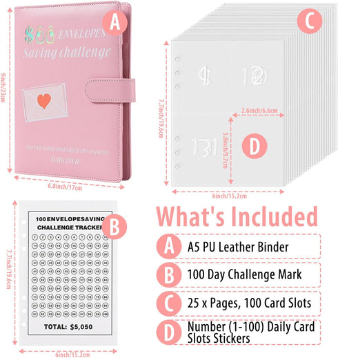 100 Envelopes Money Saving Challenge Binder - A5 Budget Binder with Cash Envelopes - $5,050 Saving Challenge Planner Book (Pink)...