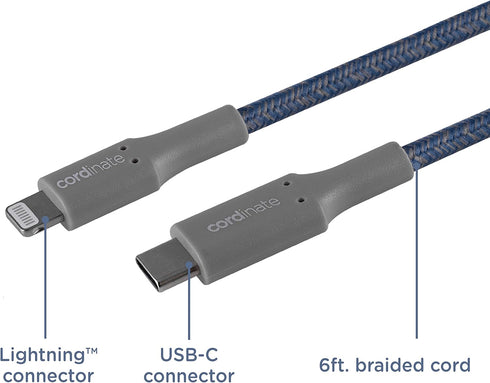 Cordinate USB-C to Lightning Cable, 6 Ft, Braided Cord, Fast Charge, Compatible with iPhone 13/12/11/Pro/Pro Max/Mini, iPad Pro, AirPod Pro, Sea B...