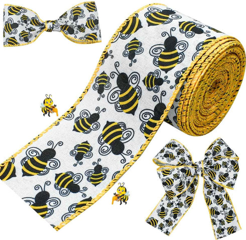 10 Yards Bee Wired Edge Ribbon Bumble Bee Burlap Ribbon Polyester Fabric Summer Bee Decorative Ribbons for Gift Wrapping DIY Craft Party Decoratio...