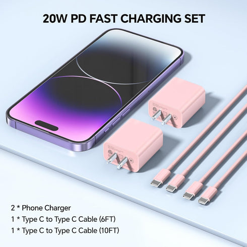 Phone Charger Fast Charging,MFi Certified 2-Pack 20W USB-C Wall Charger for Appple with 1-Pack 6/10FT Fast Charging Type-C to Liightning Cable for...