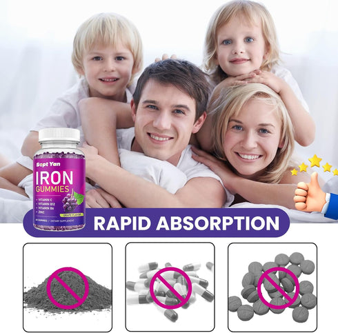Iron Gummies for Women & Kids - with Vitamin C, B12, B6, Zinc - Blood Builder & Energy - Iron Supplement Gummies Support for Iron Deficiency, Anem...