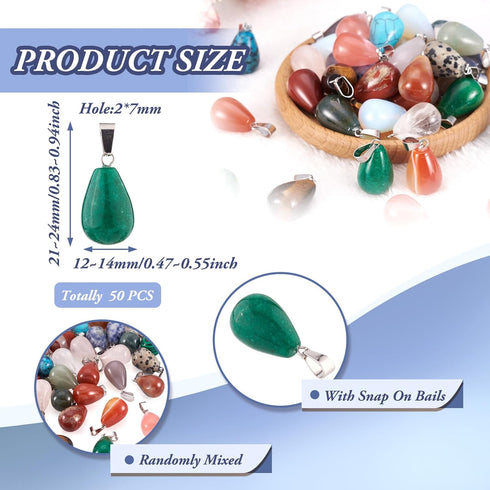 FASHEWELRY 50Pcs Water Drop Stone Pendants Teardrop Healing Crystal Quartz Chakra Gemstone Rock Charms Random Mixed for Necklace Jewelry Making Ho...