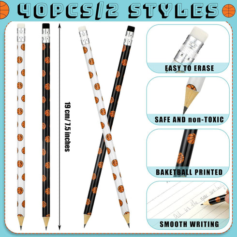 40 Pieces Basketball Pencils Sports Pencils with Eraser Welcome Back to School Pencils Basketball Party Favors Basketball Wooden Sports Pencils fo...