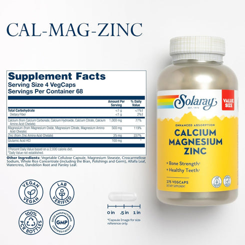 SOLARAY Calcium Magnesium Zinc Supplement - with Calcium 1000mg, Magnesium 500mg - Bone Health, Muscle Function, Heart Health and Immune Support -...