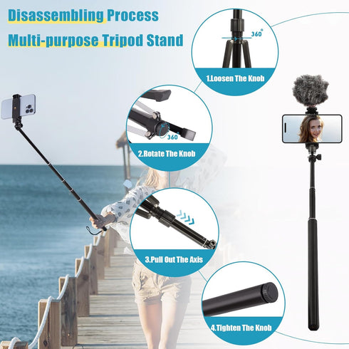 Phone Tripod, 63-inch Selfie Stick Tripod Compatible with iPhone/Camera/GoPro/Webcam, Lightweight Travel Phone Tripod with Phone Holder Mount/Wire...