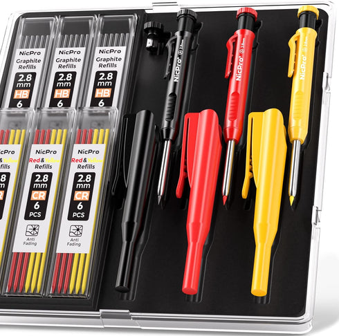 Nicpro 3 Pack Carpenter Pencil with Sharpener & Cap, Mechanical Carpenter Pencils with 39 Refills (Red, Black, Yellow), Deep Hole Marker Construct...