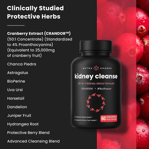 Kidney Cleanse Detox & Repair | 22-In-1 Kidney Health Supplement | Extra Strength 50:1 Cranberry Extract with Bioperine for Increased Absorption |...