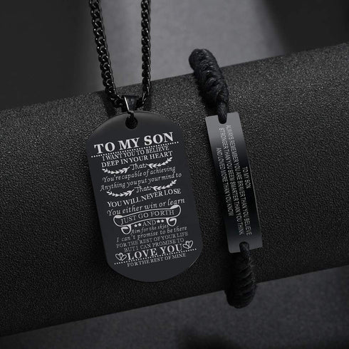 Set of 2 Gift from Mom and Dad You Will Never Lose Customized Dog Tag Necklace with Adjustable Bracelet Braided for Graduation Birthday Valentines...