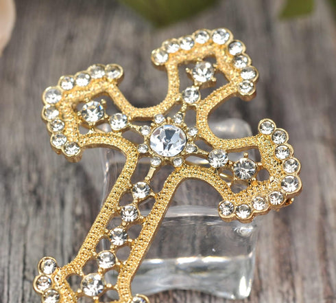 Gyn&Joy Golden Tone Clear Crystal Rhinestones Holy Cross Brooch Pin...