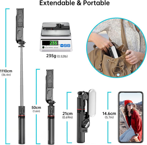 Stable Selfie Stick Tripod with Fill Light, 44 Inch Extendable Selfie Stick with Wireless Remote and Tripod Stand 360 Rotation for iPhone 15/14/13...