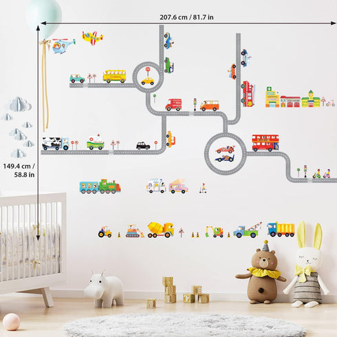DECOWALL SG3-1404P1405 The Road and Cars Kids Wall Stickers Wall Decals Peel and Stick Removable Wall Stickers for Kids Nursery Bedroom Living Roo...