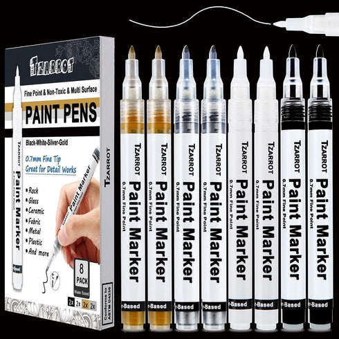 TZARROT White Paint Pen, 8 Pack 0.7mm Acrylic Paint Pens with 2 White 2 Black 2 Gold 2 Silver Permanent Marker for Wood Rock Fabric Metal Plastic ...
