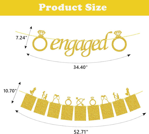 Engagement Wedding Decorations, Gold Engaged Banner and Photo Banner with Romantic Memories Picture Card Frames for Engaged/Wedding/Anniversary/Va...