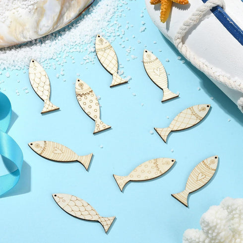 Ipotkitt 100 Pcs Random Undyed Wooden Fish Charms Old Lace Sea Animal Cutouts Unfinished Wood Summer Pieces for DIY Craft Supplies Keychain Home P...